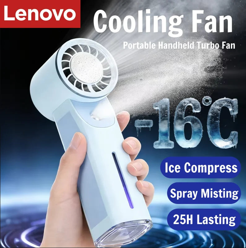 Lenovo Portable Handheld Turbo Fan with Ice Compress Cooling Spray Misting Function, 4000mAh USB Rechargeable Outdoor Fan
