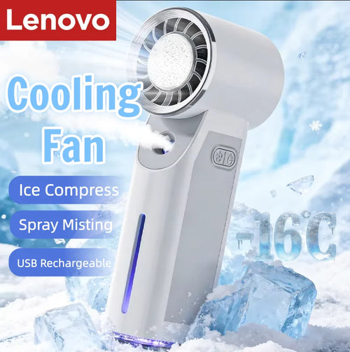 Lenovo Portable Handheld Turbo Fan with Ice Compress Cooling Spray Misting Function, 4000mAh USB Rechargeable Outdoor Fan